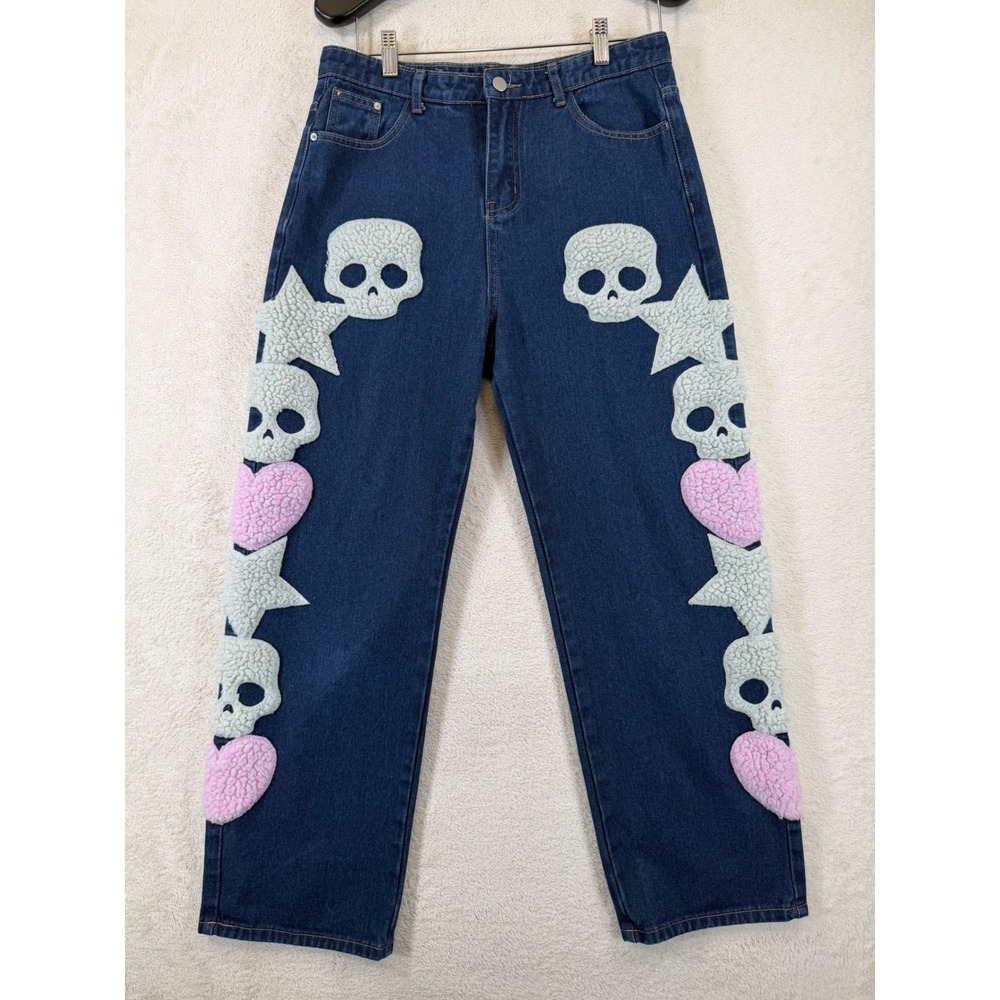 Made Extreme Black Air Fleece Patch Denim Jeans Baggy Straight Streetwear Y2K